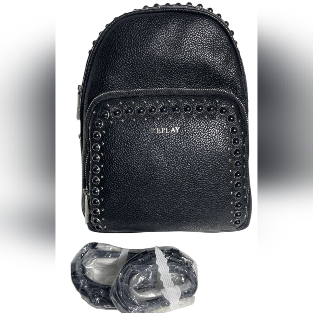 NWT Replay Studded Black Faux Leather Backpack Medium Shoulder Bag